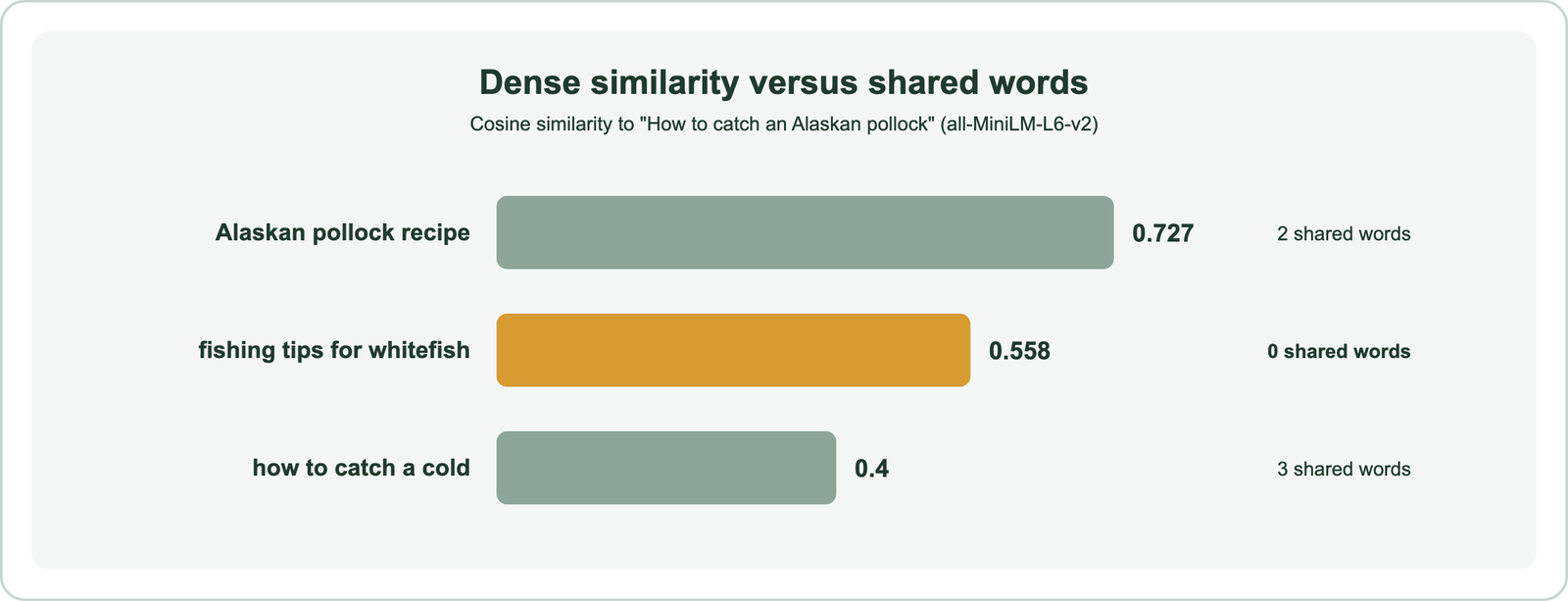 Bar chart from our test: dense cosine similarity to how to catch an Alaskan pollock is 0.727 for Alaskan pollock recipe, 0.558 for fishing tips for whitefish with no shared words, and 0.400 for how to catch a cold, which shares three words
