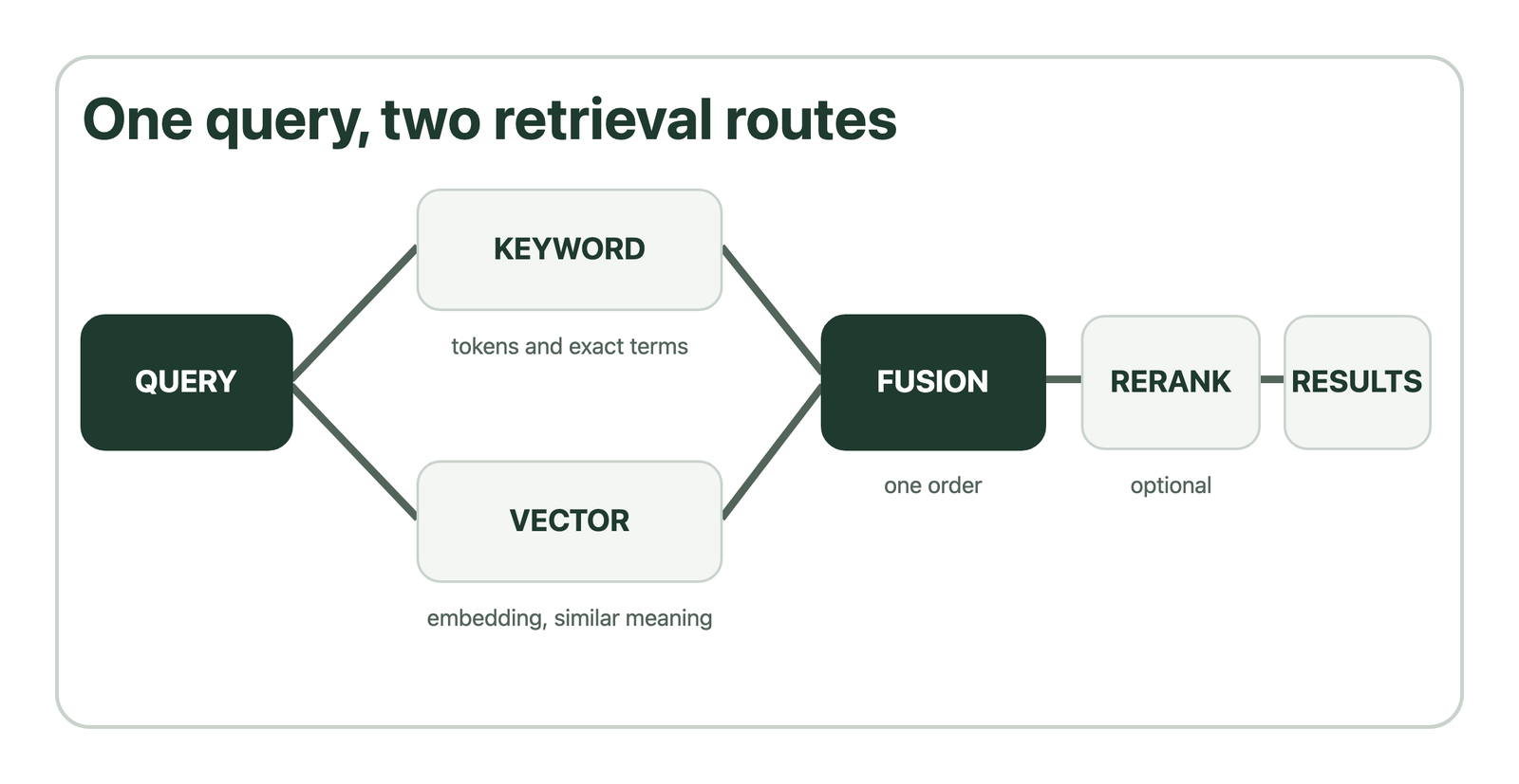 Hybrid search sends one query to lexical and vector retrieval before fusion and optional reranking