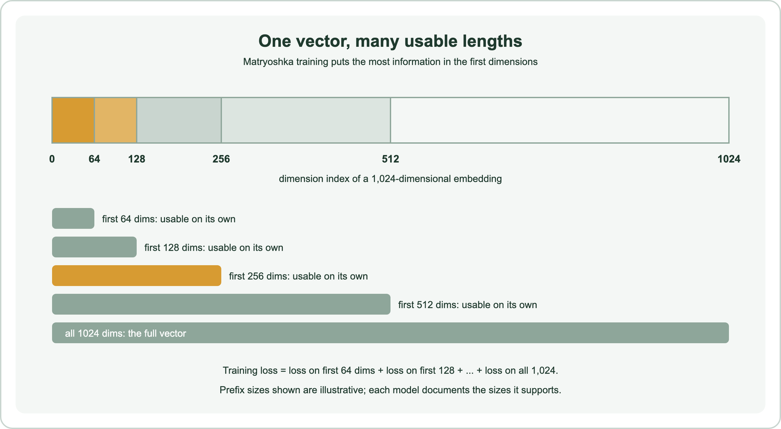 One vector, many usable lengths: a 1,024-dimensional embedding is divided at 64, 128, 256, 512 and 1,024 dimensions, and the first 64, 128, 256, 512 or all 1,024 dimensions are each usable on their own; the training loss is the loss on the first 64 dimensions plus the loss on the first 128 and so on up to the loss on all 1,024