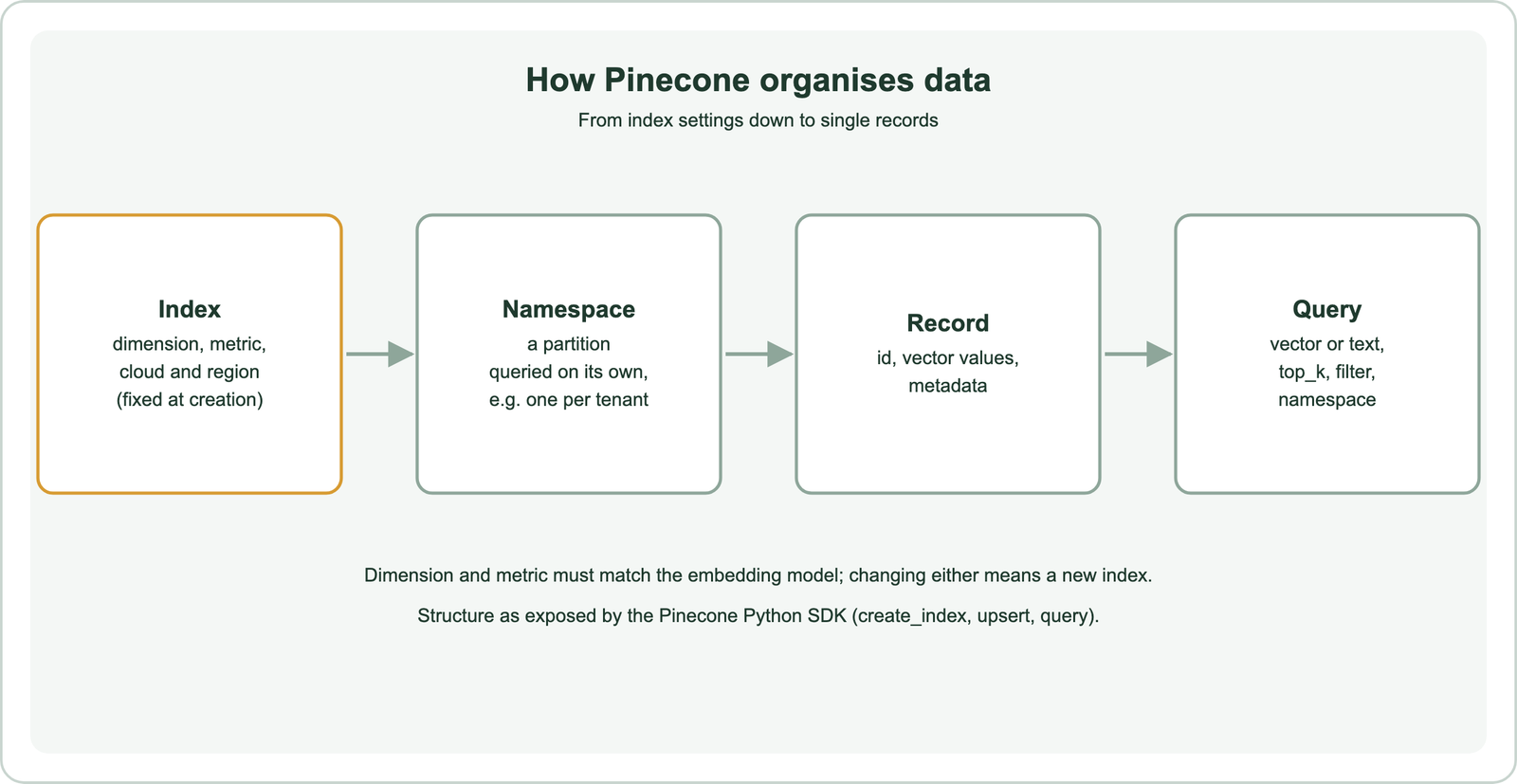 How Pinecone organises data: an index with dimension, metric, cloud and region fixed at creation; namespaces, partitions queried on their own such as one per tenant; records with id, vector values and metadata; queries with a vector or text, top_k, filter and namespace