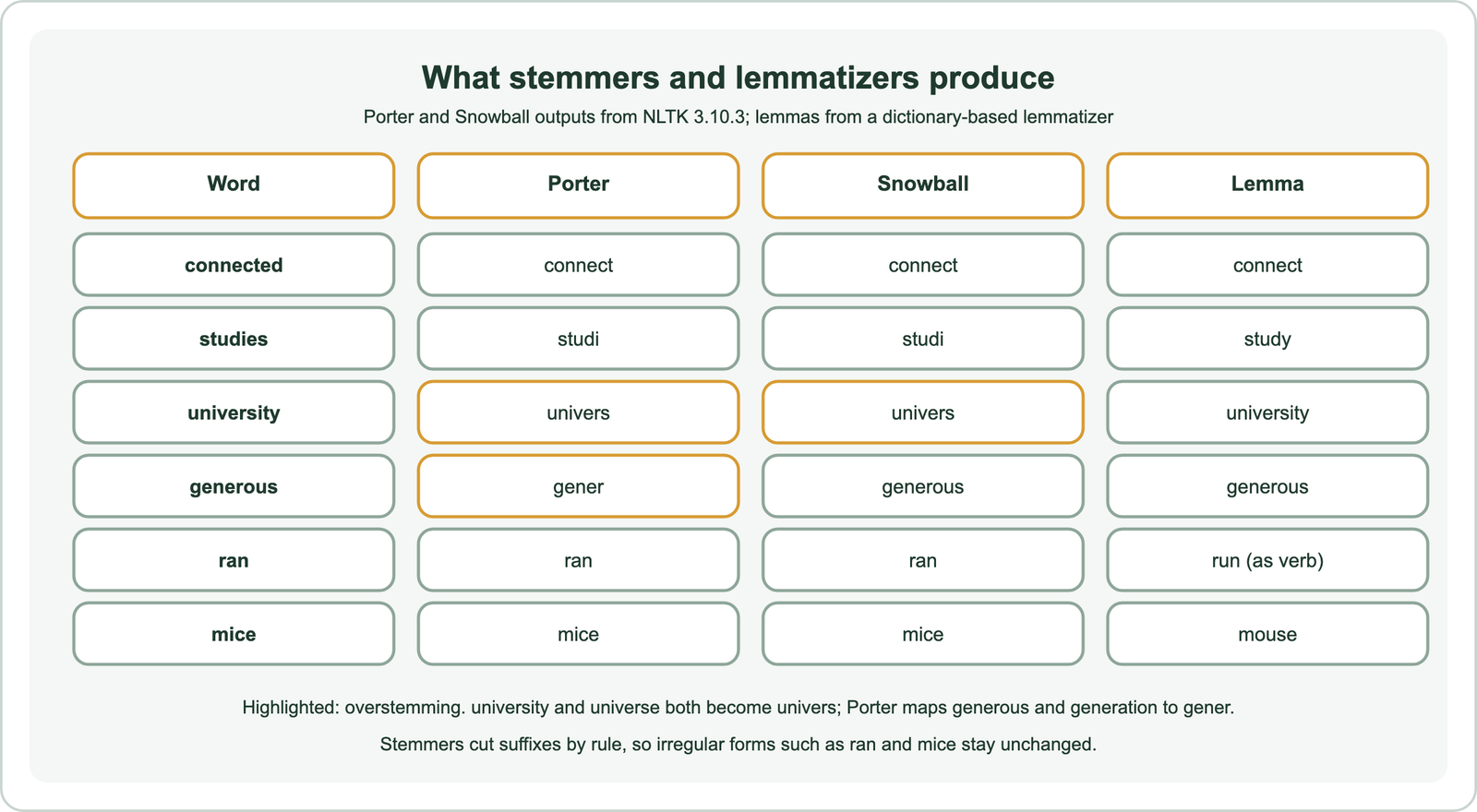 What stemmers and lemmatizers produce, with Porter and Snowball outputs from NLTK 3.10.3 and lemmas from a dictionary-based lemmatizer: connected becomes connect, connect and connect; studies becomes studi, studi and study; university becomes univers, univers and university; generous becomes gener with Porter, generous with Snowball and generous as a lemma; ran stays ran with both stemmers and becomes run as a verb lemma; mice stays mice with both stemmers and becomes mouse as a lemma; university and universe both become univers, and Porter maps generous and generation to gener