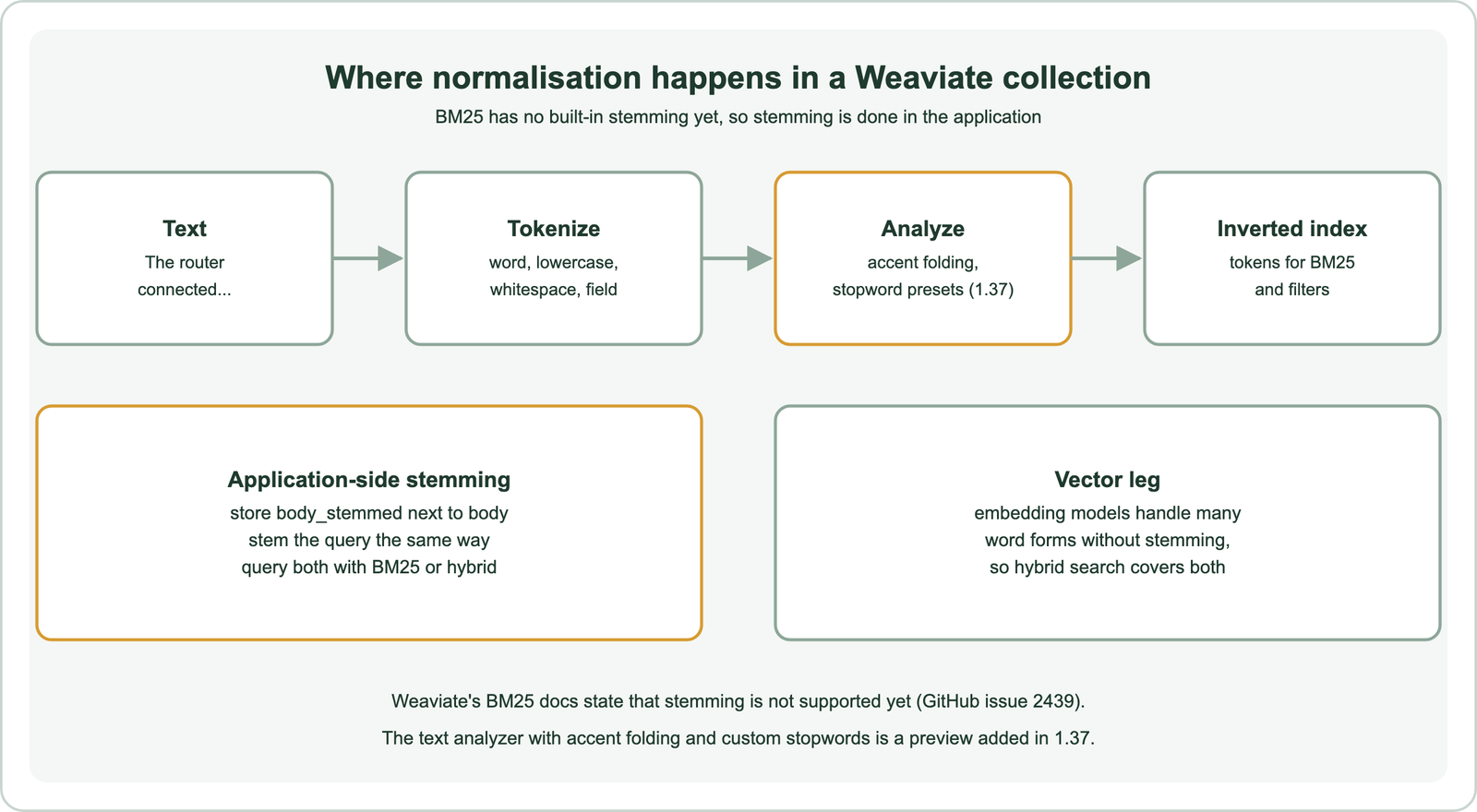 Where normalisation happens in a Weaviate collection: text is tokenized with word, lowercase, whitespace or field tokenization, analyzed with accent folding and stopword presets from 1.37, and stored in the inverted index for BM25 and filters; because BM25 has no built-in stemming yet, application-side stemming stores body_stemmed next to body, stems the query the same way and queries both with BM25 or hybrid; the vector leg handles many word forms without stemming, so hybrid search covers both; Weaviate's BM25 docs state that stemming is not supported yet, GitHub issue 2439
