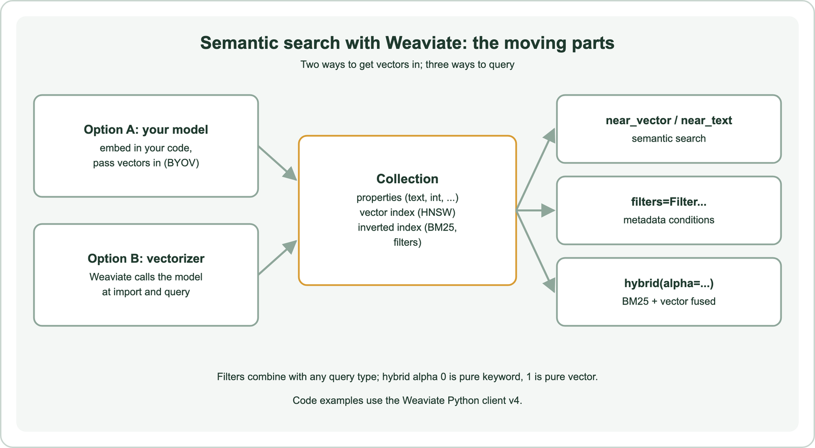 Semantic search with Weaviate, the moving parts: option A, your model embeds in your code and passes vectors in, bring your own vectors; option B, a vectorizer where Weaviate calls the model at import and query; both feed a collection with properties, a vector index using HNSW and an inverted index for BM25 and filters; three ways to query: near_vector or near_text for semantic search, filters with Filter for metadata conditions, and hybrid with alpha for BM25 plus vector fused; alpha 0 is pure keyword and 1 is pure vector