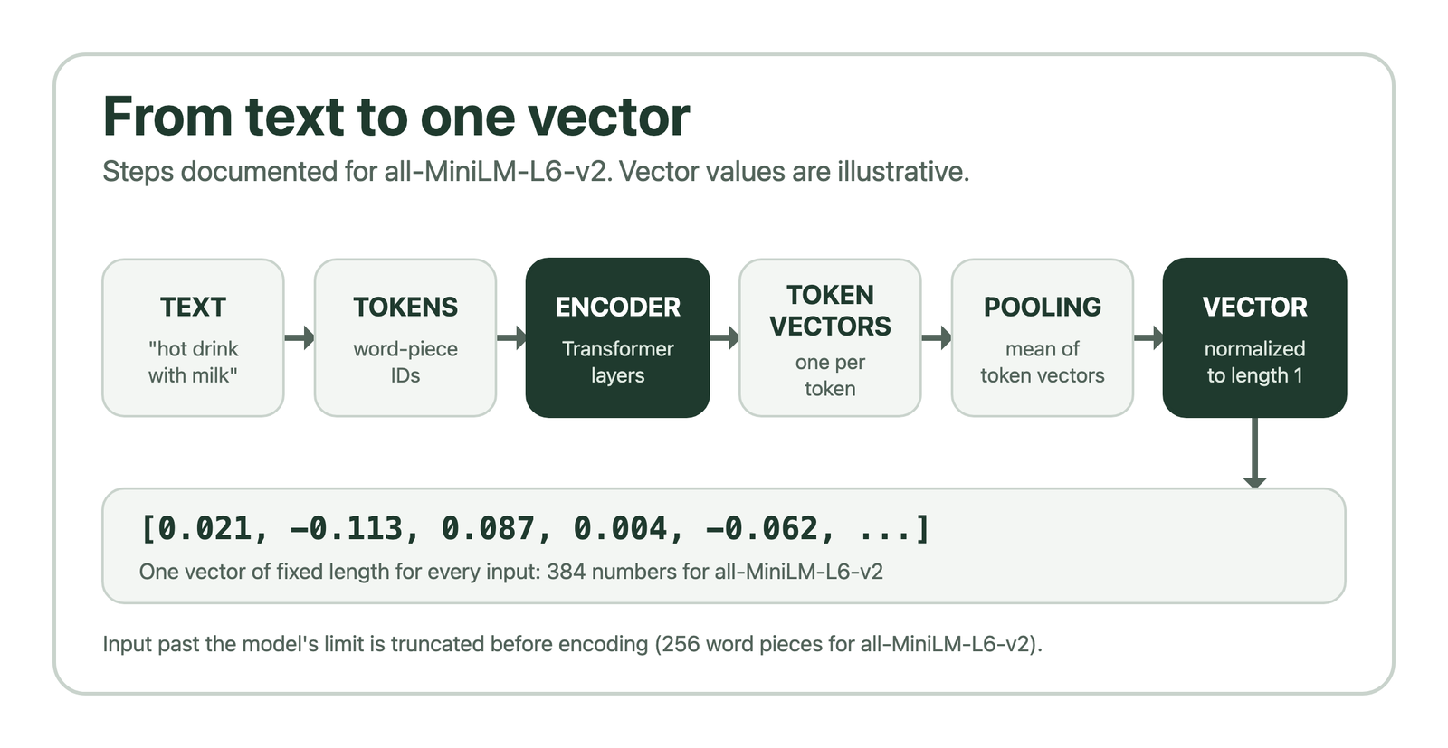Pipeline from text to tokens, Transformer encoder, token vectors, mean pooling and one normalized vector